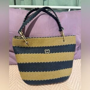 Eric Javits Woven Stripe Tote Bag – Navy & Tan Gold – EUC